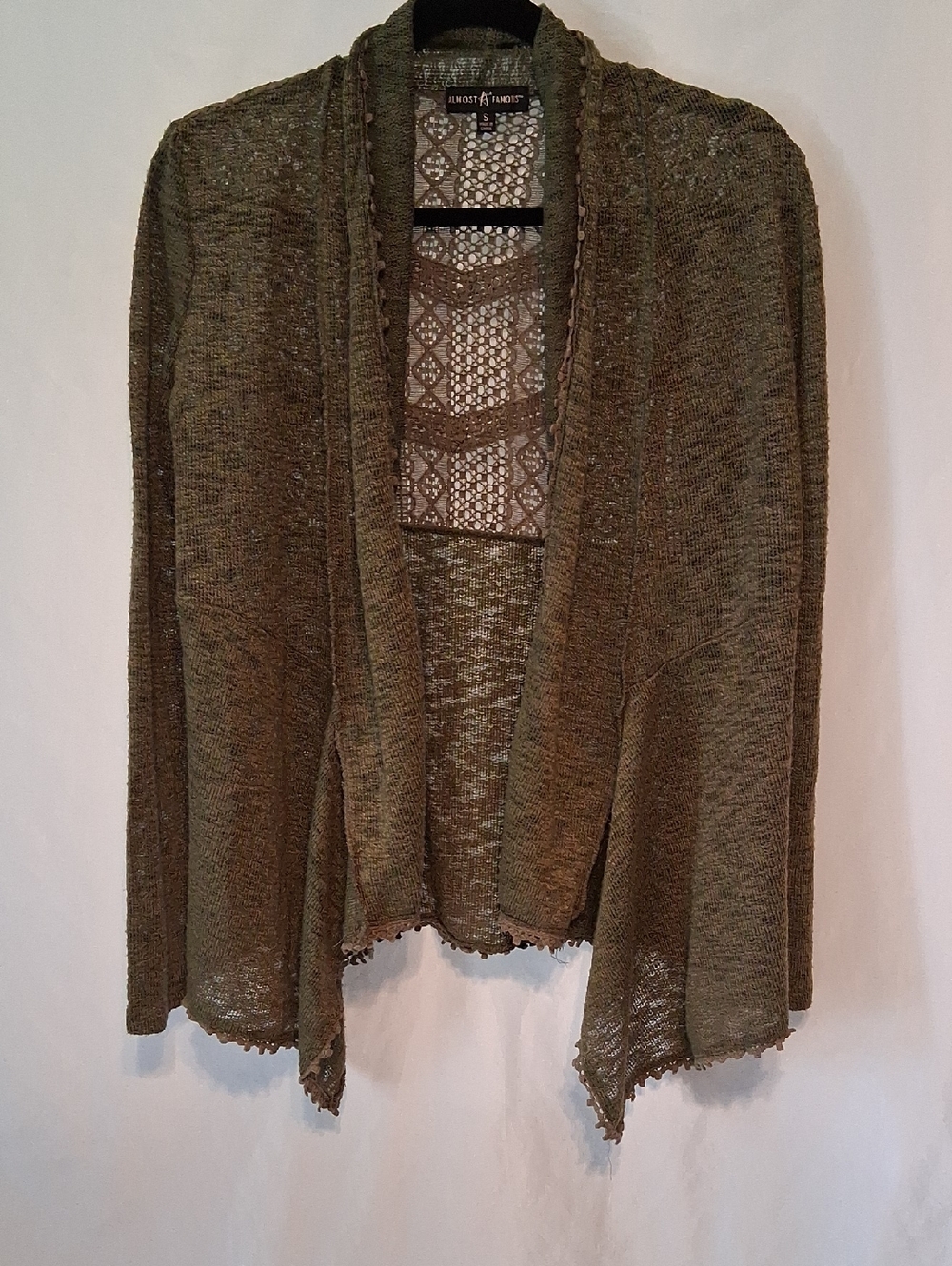 Almost Famous Olive Green Open Front Draped Knit Cardigan Boho Sweater S - Picture 2 of 6